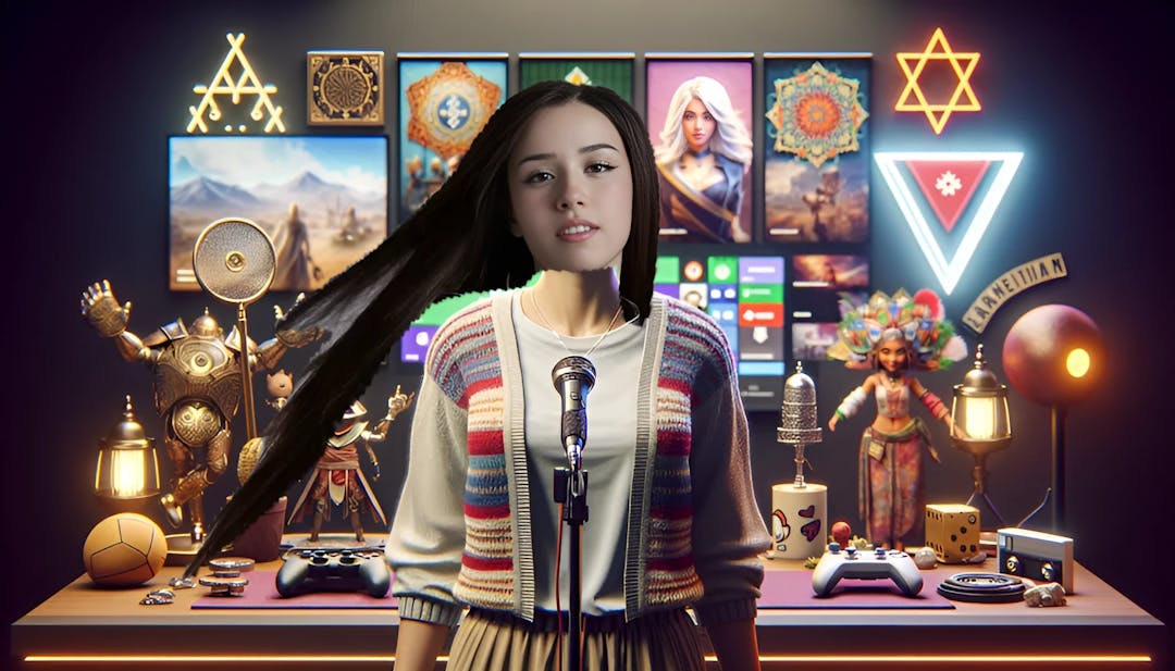Imane Anys-inspired streamer, facing the camera with a slight turn, surrounded by gaming and ASMR elements, showcasing a vibrant and confident aura against a thematic backdrop.