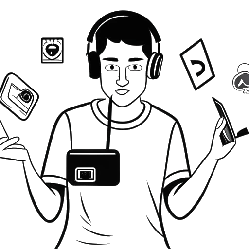 Strichzeichnung eines Mannes, der MrTrashpack darstellt, mit einem Headset und einem YouTube-Play-Button sowie Dollar-Scheinen in der Hand. Im Hintergrund sind YouTube-Logos und TikTok-Symbole gegen einen weißen Hintergrund zu sehen.