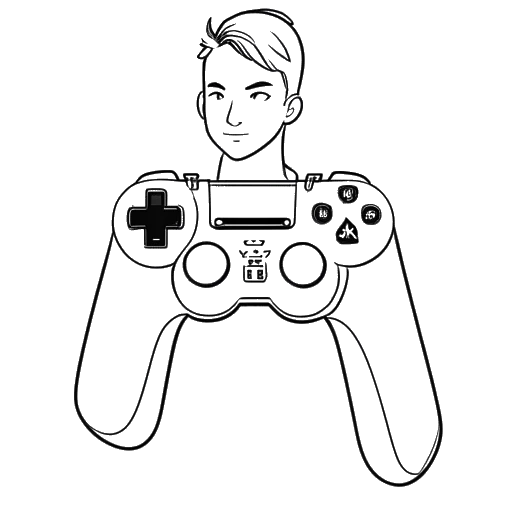 Strichzeichnung von MrTrashpack, ein Mann mit frühem Interesse am Gaming, der einen Videospielcontroller hält. Ein YouTube-Logo ist im Hintergrund sichtbar.