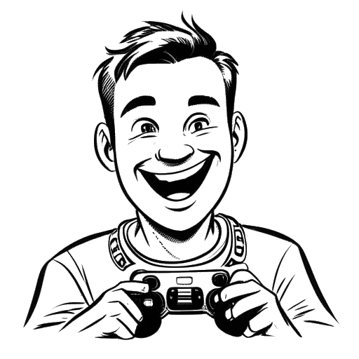 Strichzeichnung von MrTrashpack, ein lächelnder Mann, der einen Spielcontroller hält, mit den Worten 'Giga Vier gewinnt-Meisterschaft' darüber angezeigt.
