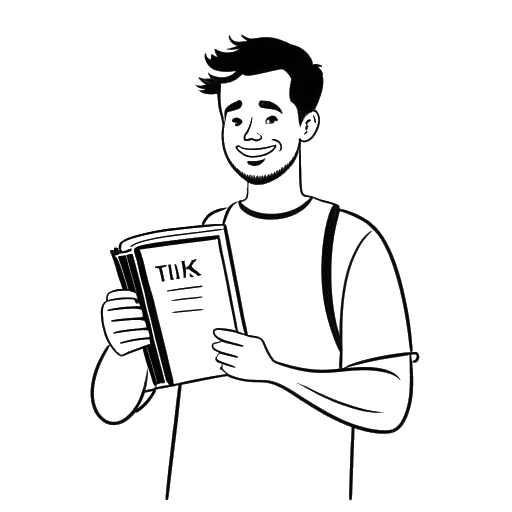 Strichzeichnung von MrTrashpack, ein Mann, der ein Geschichtsbuch hält, mit einem TikTok-Logo im Hintergrund angezeigt.