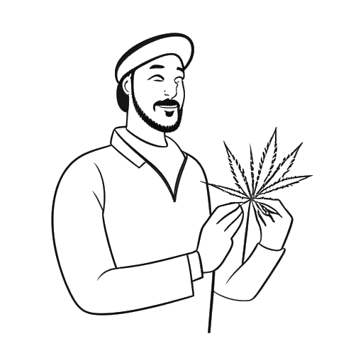 Strichzeichnung von MrTrashpack, ein Mann, der ein Rezept für medizinisches Cannabis hält, mit einem Marihuana-Blatt-Symbol im Hintergrund angezeigt.