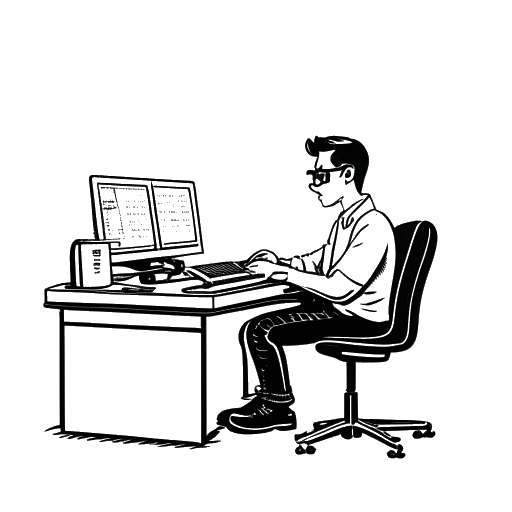 Strichzeichnung von MrTrashpack, ein Mann, der an einem Schreibtisch sitzt, mit einem Computer, auf dem 'NUKLEAR U-BOOT' steht.