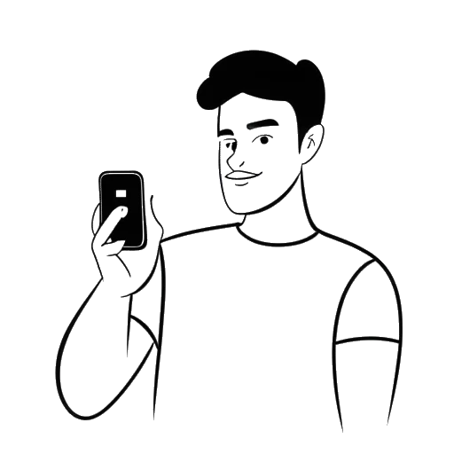 Strichzeichnung von MrTrashpack, ein Mann, der ein Smartphone mit dem TikTok-Logo auf dem Bildschirm hält.