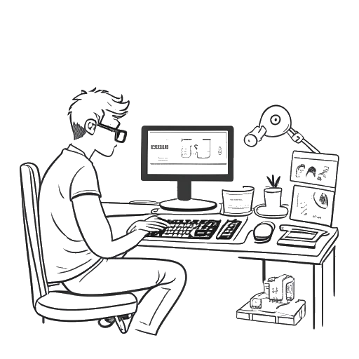 Strichzeichnung von MrTrashpack, ein Mann, der Inhalte an einem Computer erstellt, mit einem YouTube-Logo und Videospielcontrollern neben ihm.