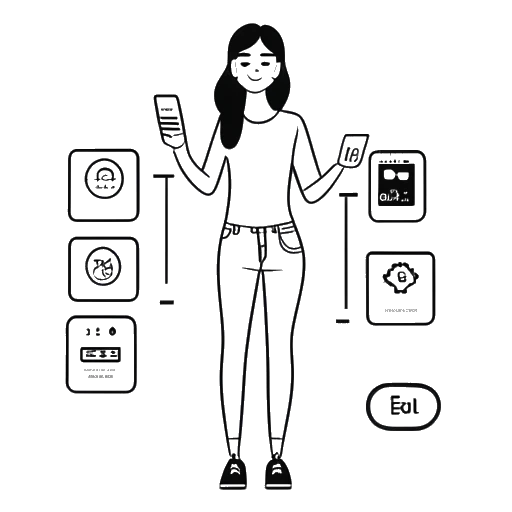 Disegno in bianco e nero di una donna, che rappresenta Brooke Monk, casualmente vestita, con in mano un telefono che riceve molto amore sui social media, con la sua linea di abbigliamento di marca in mostra e l'emblema di una rinomata agenzia di rappresentanza artistica che illustra i suoi sforzi imprenditoriali e influencer.