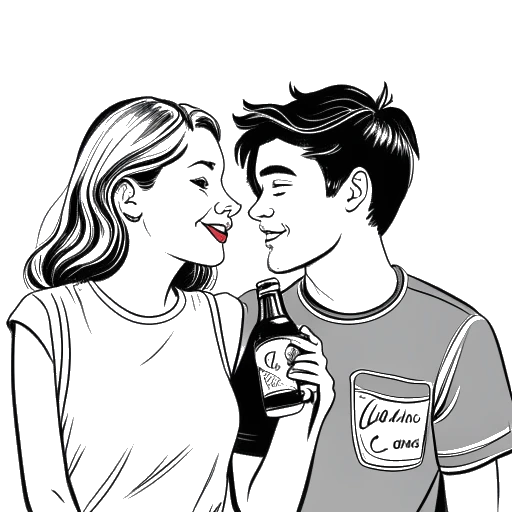 Disegno in bianco e nero di una giovane coppia, rappresentante Brooke Monk e il suo ragazzo Sam Dezz, che festeggiano il loro anniversario di un anno con la Coca-Cola.