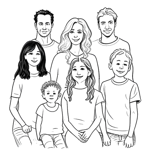 Disegno in bianco e nero di una famiglia, rappresentante la famiglia di Brooke Monk, con sei figli, inclusa Brooke al centro.