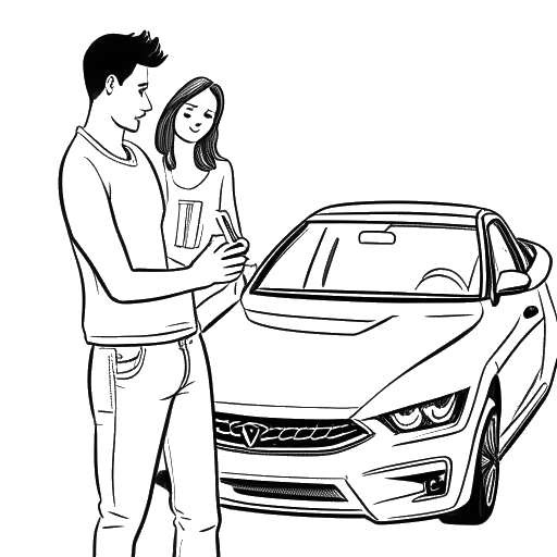 Disegno in bianco e nero di una giovane donna, rappresentante Brooke Monk, che stupisce il suo ragazzo Sam con la sua macchina dei sogni e regala iPhone ai suoi genitori.