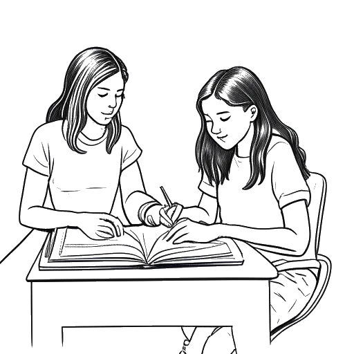 Disegno in bianco e nero di due giovani donne, rappresentanti Brooke Monk e sua sorella Audra, che studiano ai loro scrivanie homeschool.