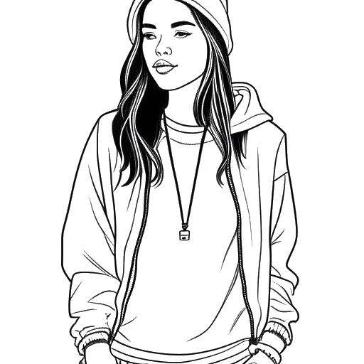 Disegno in bianco e nero di una giovane donna, rappresentante Brooke Monk, che presenta la sua linea di abbigliamento, Social Club, con accessori, felpe e magliette.