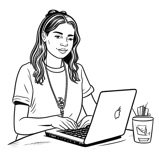Disegno in bianco e nero di una giovane donna, rappresentante Brooke Monk, che crea contenuti su YouTube e guadagna denaro, con un laptop e una telecamera.
