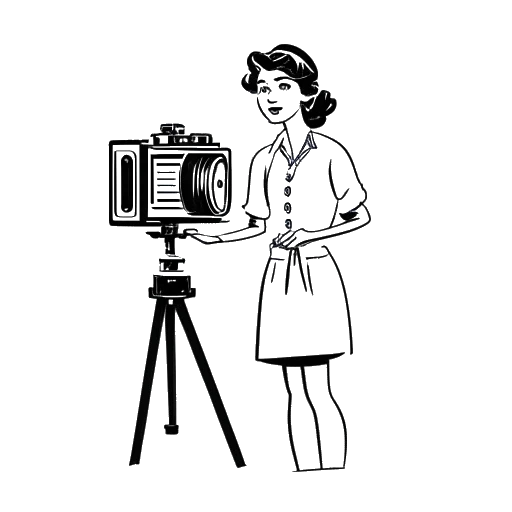 Dibujo de línea de una mujer, representando a Alissa Violet, sosteniendo un guion y posando frente a una cámara de cine