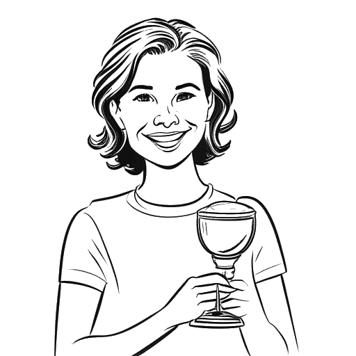 Dibujo de línea de una mujer, representando a Alissa Violet, sosteniendo un trofeo y sonriendo