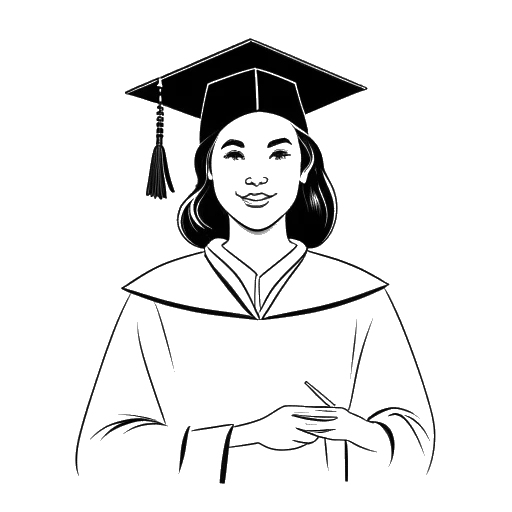 Line art drawing of a woman, representing Alissa Violet, in a cap and gown, holding a diploma