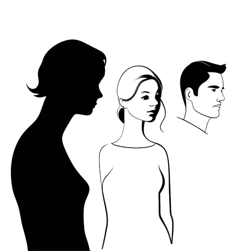 Strichzeichnung einer Frau, die Alissa Violet repräsentiert, mit zwei männlichen Silhouetten im Hintergrund