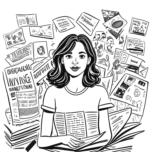 Dibujo de línea de una mujer, representando a Alissa Violet, rodeada de titulares de noticias