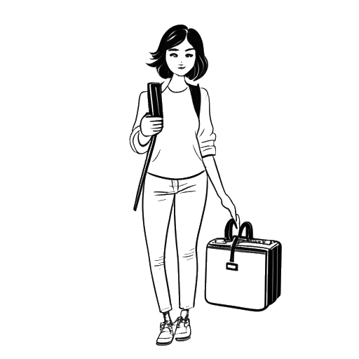 Dibujo de línea de una mujer, representando a Alissa Violet, sosteniendo una cámara, una maleta y un teléfono inteligente