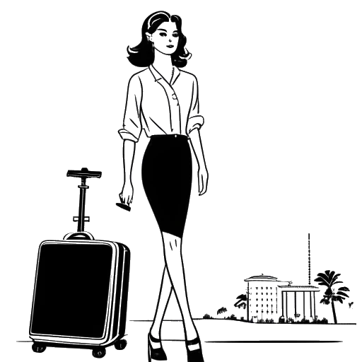 Dibujo de línea de una mujer, representando a Alissa Violet, con una maleta, de pie frente a un letrero de Hollywood