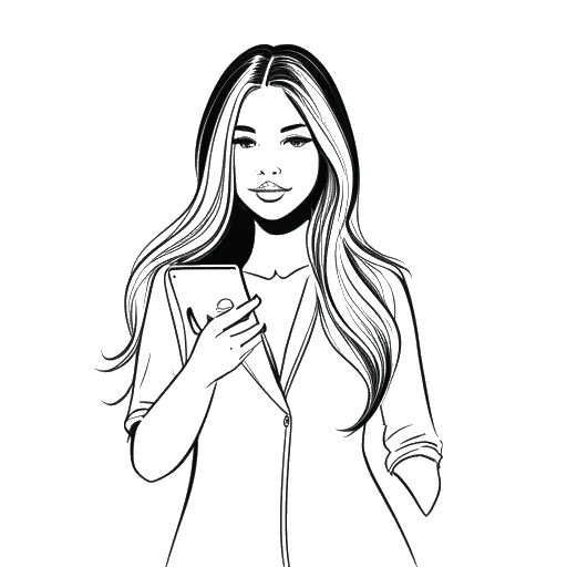 Line art drawing of a woman, representing Alissa Violet, with long hair, holding a smartphone in one hand and a modeling portfolio in the other