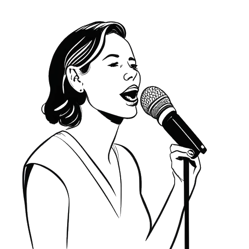 Line art drawing of a woman, representing Alissa Violet, speaking into a microphone