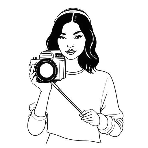 Dibujo de línea de una mujer, representando a Alissa Violet, sosteniendo una cámara y una revista de moda, con un globo terráqueo en el fondo