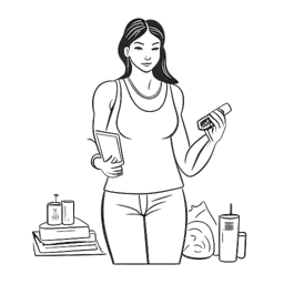Line art illustration of a woman representing Miranda Cohen in athletic attire, confidently juggling fitness products and social media engagement.
