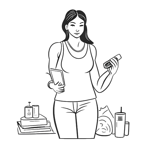 Line art illustration of a woman representing Miranda Cohen in athletic attire, confidently juggling fitness products and social media engagement.