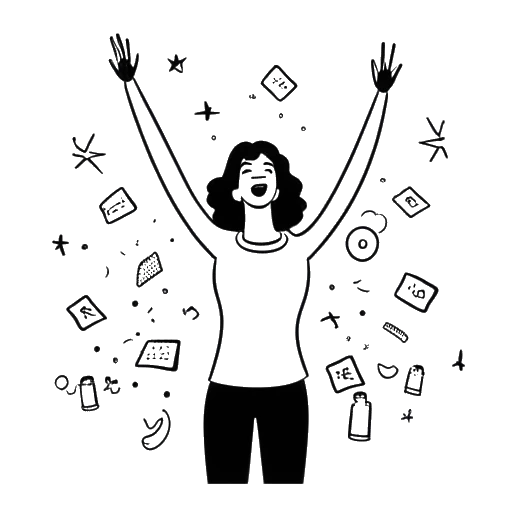 Line art drawing of a woman representing Miranda Cohen celebrating success, with social media icons symbolizing her large online following.