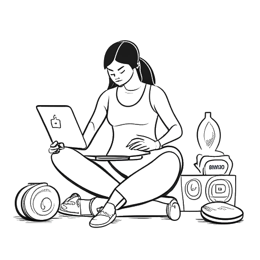 Dibujo de arte lineal de una mujer, representando a Miranda Cohen, en una pose fitness con pesas, junto a una computadora portátil mostrando redes sociales, y montones de sudaderas de marca, sobre un fondo blanco.