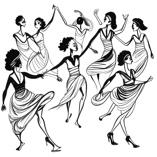 Line art drawing of a woman, representing Miranda Cohen, dancing amidst various dance styles.