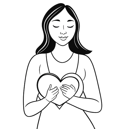 Dibujo a línea de una mujer, que representa a Miranda Cohen, sosteniendo un corazón.