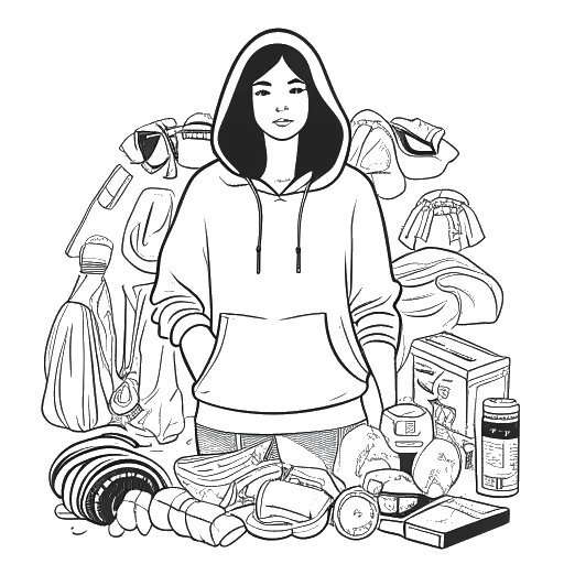 Line art drawing of a woman, representing Miranda Cohen, surrounded by hoodies and fitness products.