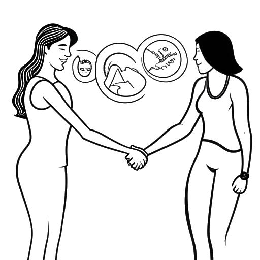 Line art drawing of a woman, representing Miranda Cohen, shaking hands with various fitness brand logos.