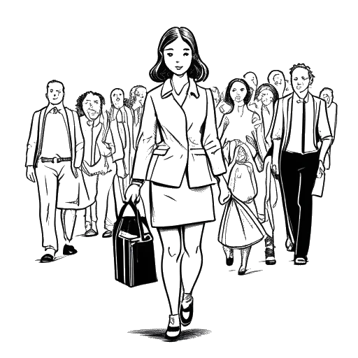Line art drawing of a young girl, representing Miranda Cohen, carrying a golf bag with businesspeople around.
