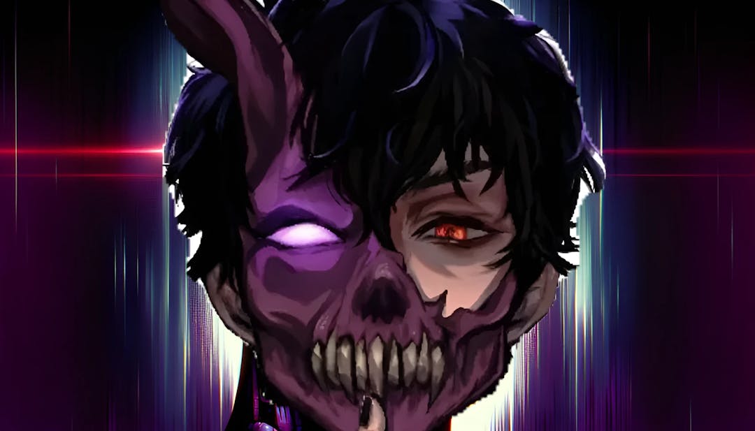 Illustration eines männlichen Charakters mit einem untoten Ästhetik, mit leuchtend rotem Auge, violett gefärbter schädelähnlicher Haut und übertriebenem Grinsen. Der Charakter strahlt eine dunkle und mysteriöse Stimmung aus, schaut direkt auf den Betrachter mit einem markanten künstlerischen Stil.