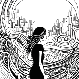 Line art drawing of a woman symbolizing Sofia Franklyn, maneuvering through a complex maze of interconnected relationships, symbolizing personal growth stages. The scene is set against a backdrop combining city lights and natural wilderness, creating a reflective atmosphere on a white background.