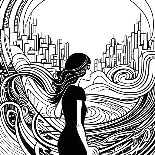 Strichzeichnung einer Frau, die Sofia Franklyn symbolisiert, die durch ein komplexes Labyrinth aus verbundenen Beziehungen manövriert und damit persönliche Wachstumsphasen symbolisiert. Die Szene ist vor einem Hintergrund aus Stadtfarben und natürlichen Wildnissen gesetzt und schafft eine reflektierende Atmosphäre auf weißem Hintergrund.