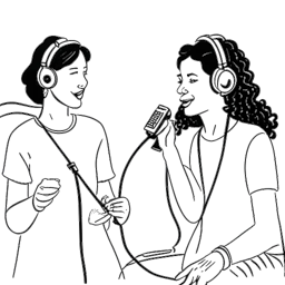 Line art drawing of a woman representing Sofia Franklyn, engaged in a vibrant discussion with a friend, showcasing trust and authenticity. She is surrounded by microphones and recording gear in a podcasting setup, against a white backdrop.