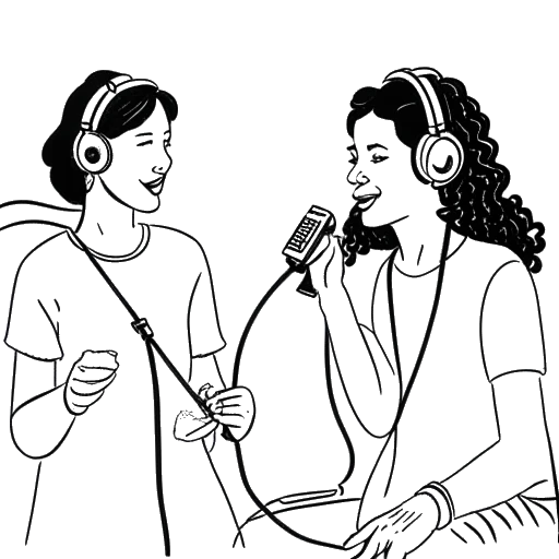 Dibujo artístico de una mujer que representa a Sofia Franklyn, participando en una animada discusión con una amiga, mostrando confianza y autenticidad. Está rodeada de micrófonos y equipo de grabación en un montaje de podcasting, sobre un fondo blanco.