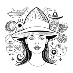 Line art drawing of a woman embodying Sofia Franklyn, radiating confidence and creativity while juggling multiple hats symbolizing her diverse persona. Surrounding symbols depict resilience and adaptability, reflecting her readiness for challenges and new opportunities, against a white backdrop.