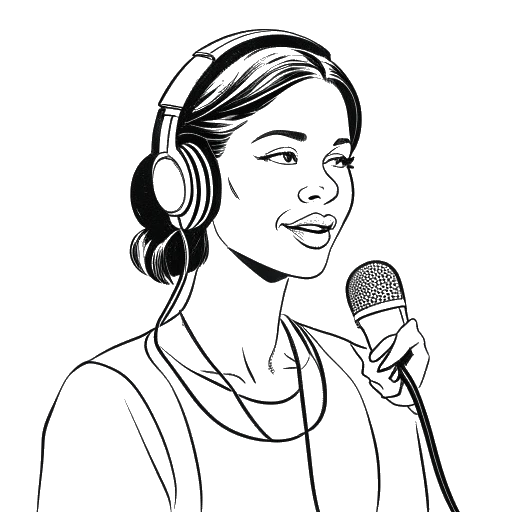 Arte em linhas em preto e branco de uma mulher, representando Sofia Franklyn, usando um headset e falando em um microfone, capturando a essência de uma apresentadora de podcast em um fundo branco.