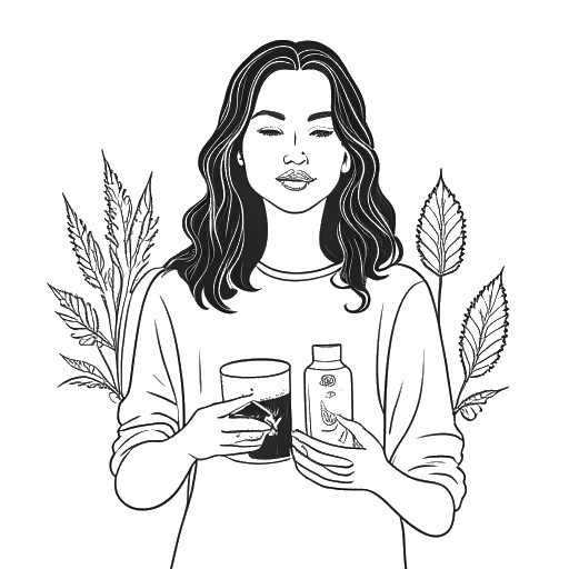 Line art drawing of a woman, representing Sofia Franklyn, holding various cannabis products, such as lean and edibles.