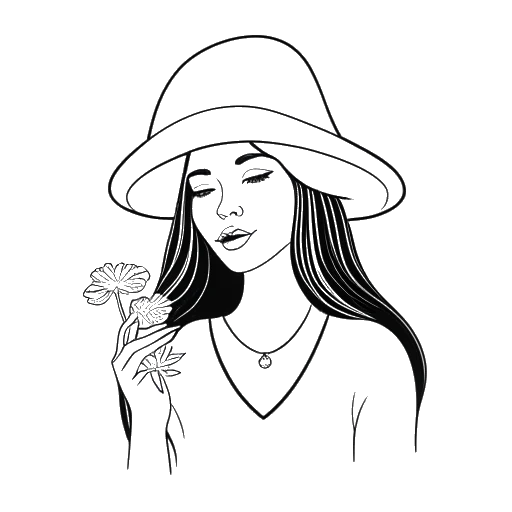 Dibujo de arte lineal de una mujer, representando a Sofia Franklyn, sosteniendo un hongo y una hoja de marihuana.