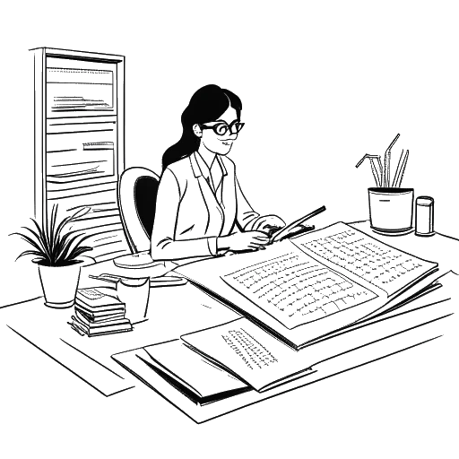 Dibujo de arte lineal de una mujer, representando a Sofia Franklyn, trabajando en una computadora en un escritorio lleno de documentos financieros.