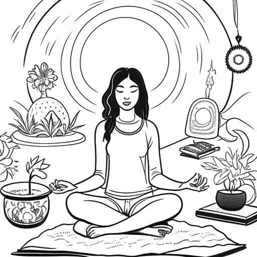 Line art drawing of a woman, representing Sofia Franklyn, meditating with a vision board displayed in the background.