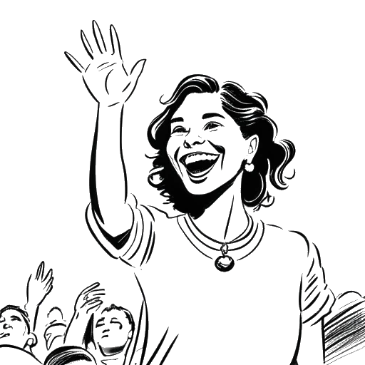 Line art drawing of a woman, representing Sofia Franklyn, smiling and waving to a group of listeners.