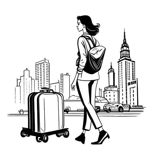 Dessin en ligne d'une femme, représentant Sofia Franklyn, tenant une valise avec le logo de Barstool Sports affiché sur un bâtiment à l'arrière-plan.