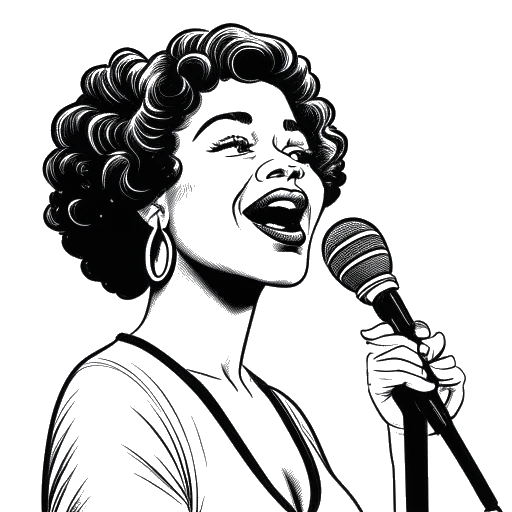 Disegno in line art di una donna, che rappresenta Sofia Franklyn, che tiene un microfono con il suo nome completo, 'Sofia Franklyn', mostrato in modo prominente sullo sfondo.
