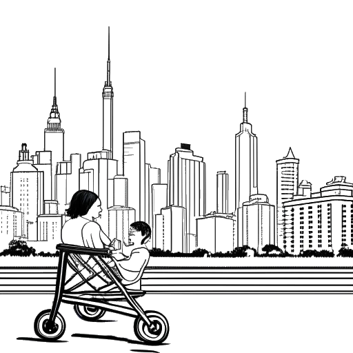 Disegno in line art di una donna, che rappresenta Sofia Franklyn, che guarda lo skyline di NYC con un passeggino mostrato in primo piano.